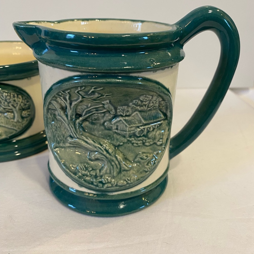 Vintage Hersey 1981 3pc Green White Glazed Ceramic Handcrafted Creamer Sugar Set - Picture 6 of 16